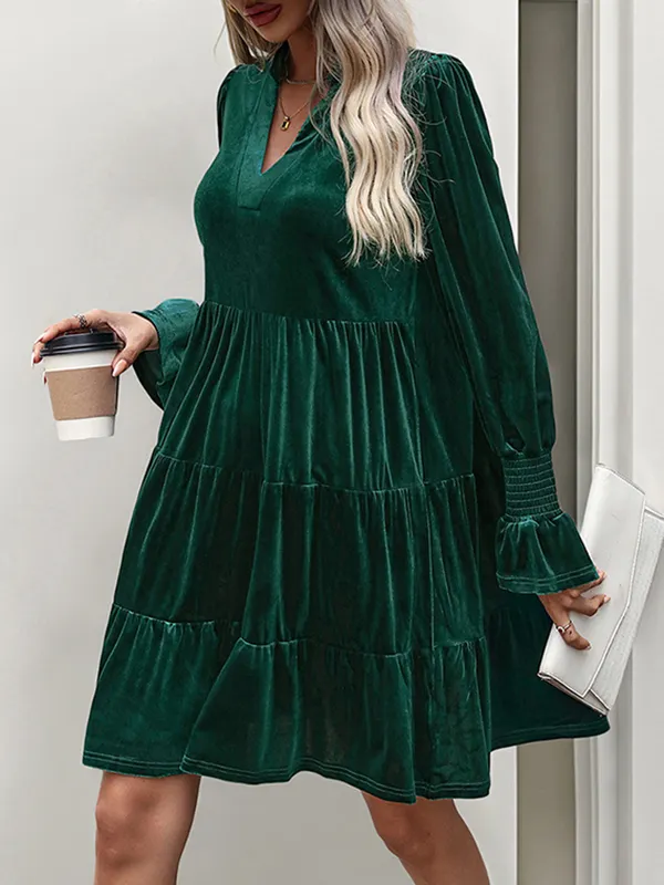 V-Neck Hollow-Out Pleated Mini Dress Dark Navy main image 0