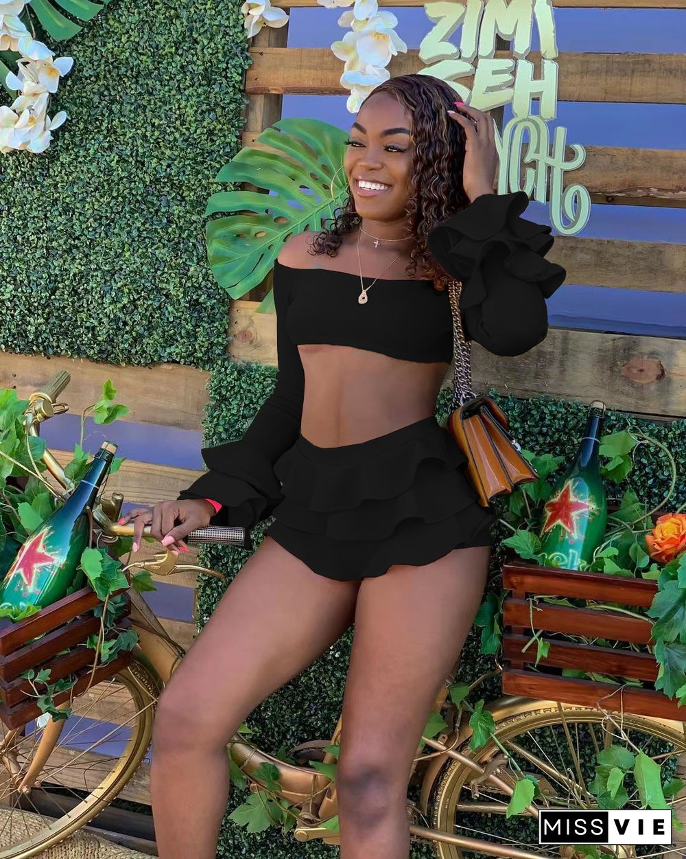 Sexy Off Shoulder Crop Tops Ruffle Mini Skirt Sets