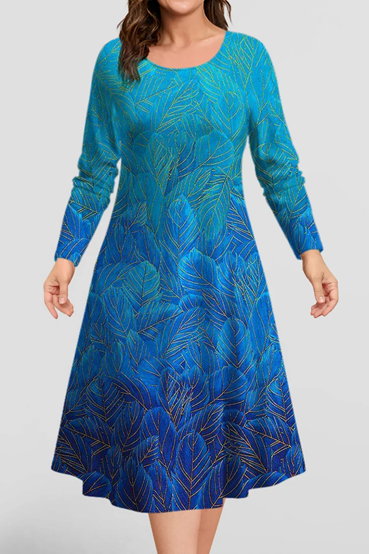 Flycurvy Plus Size Casual Royal Blue Ombre Gold Stamping Feather Print Tea-Length Dress  Flycurvy [product_label]