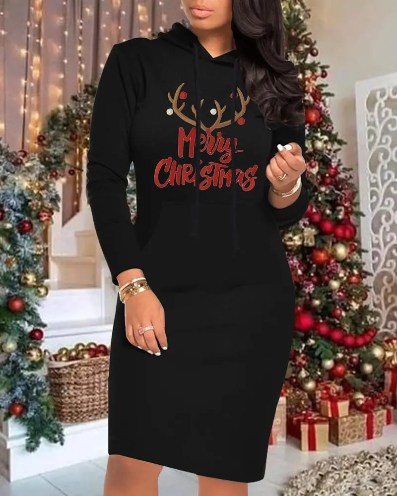 Merry Christmas Printed Hoodied Women's Dress