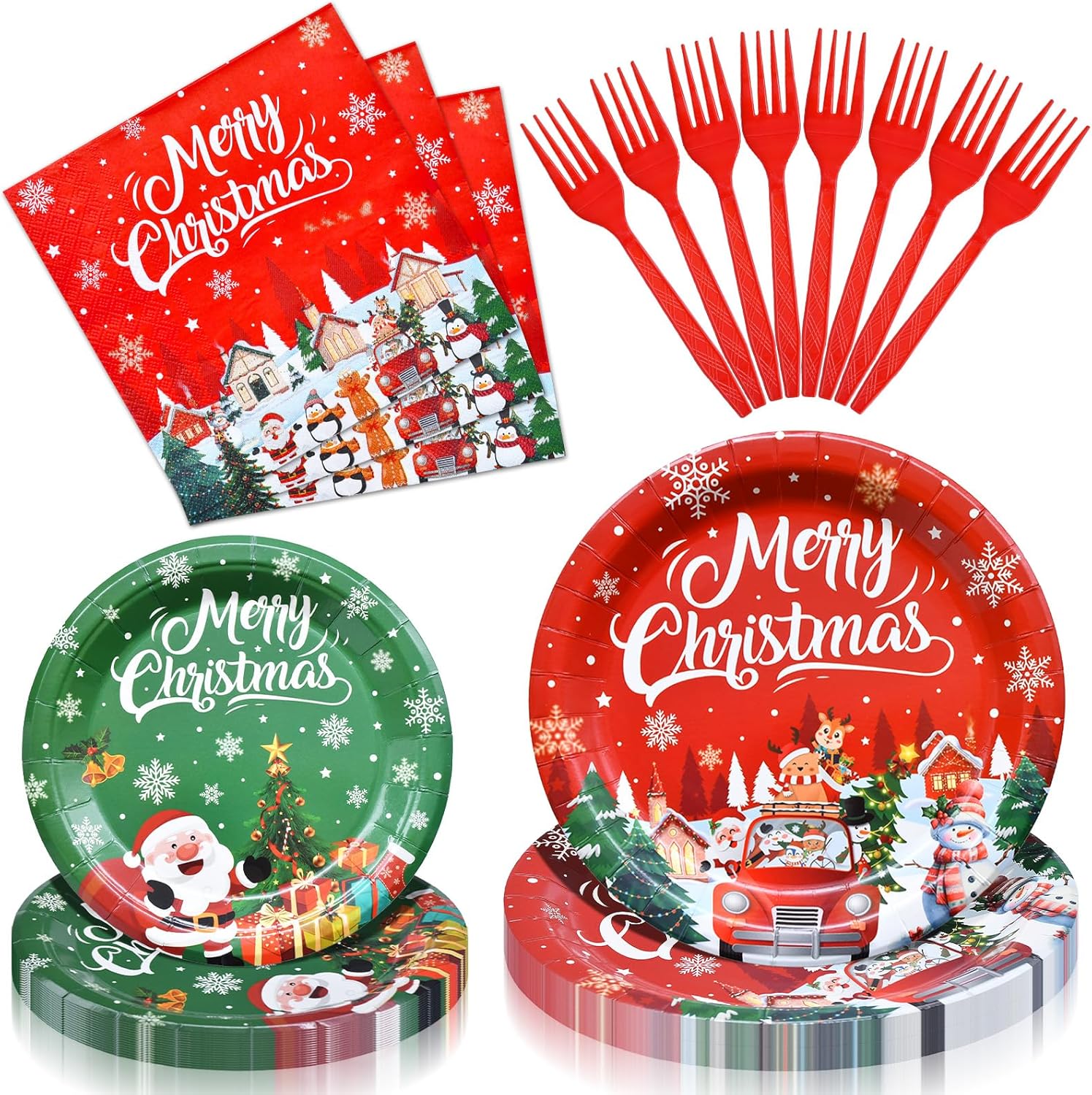 Tegooe 100-Piece Disposable Christmas Tableware Set Serves 25 Guests Paper Plates Napkins