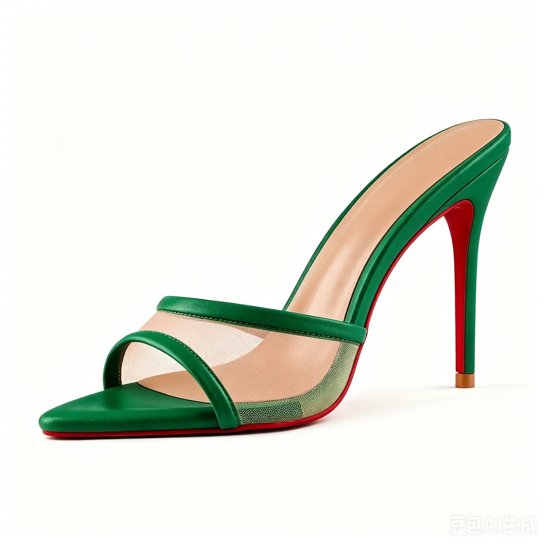 100mm Women's High Heel Red Bottom Sandals, Pointed Toe Open-Toe Mesh Mules with Slip-On Slim Heels