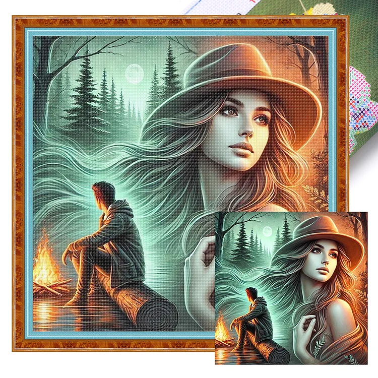 Huacan - Forest and Girl- 11CT - 3 Strands Threads Printed cross stitch - 45*45cm(Canvas)