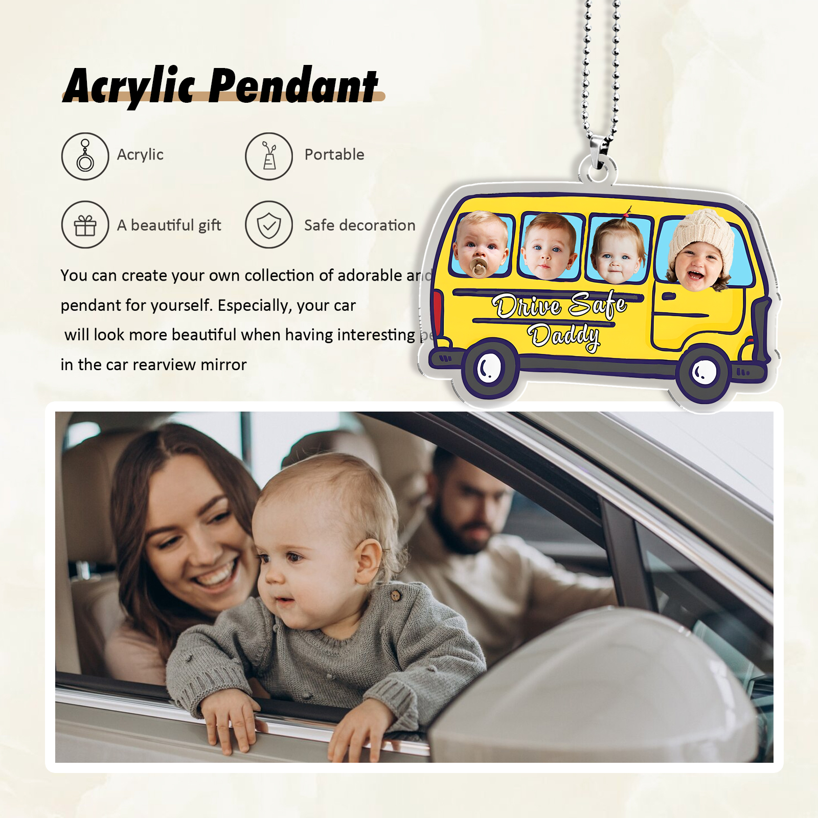 Personalised Yellow Car Acrylic Hanging Ornament Custom 4 Photos & 1 Text & 1 Name Keychain Pedant Gift for Family-Jessemade AU