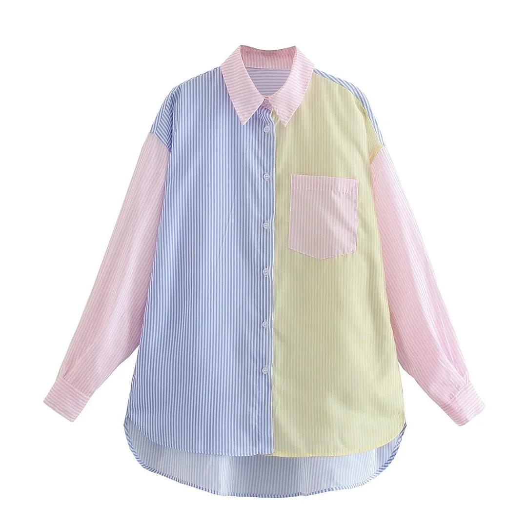 Fashion All-Match Patchwork Striped Color-Block Women Long Shirt 2021 Spring Summer New Elegant Pocket Lapel Collar Casual Girl