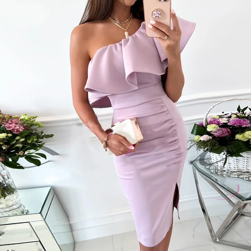 One Shoulder Ruffle Hem Ruched Mini Dress