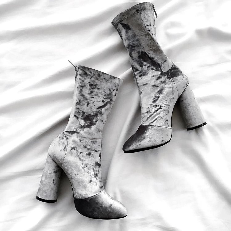 Grey Velvet Boots Closed Toe Cylindrical Heel Fashion Mid Calf Boots |FSJ Shoes