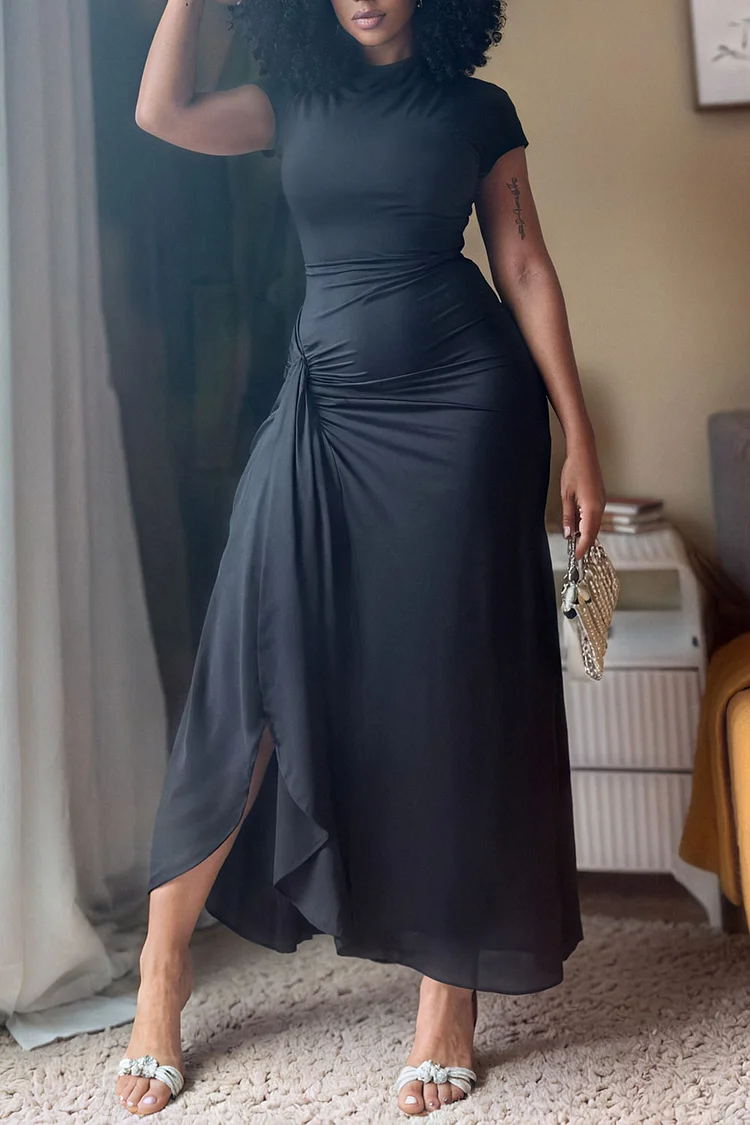 Plus Size Business Casual Black Round Neck Short Sleeve Peplum Casual Split Knitted Maxi Dresses [Pre-Order] 2024 - Xpluswear