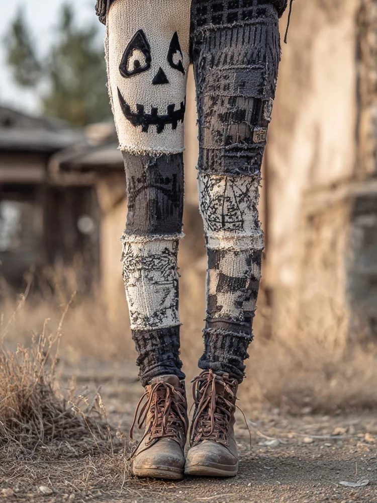 Halloween Pumpkin Face Vintage Patchwork Knitted Leggings
