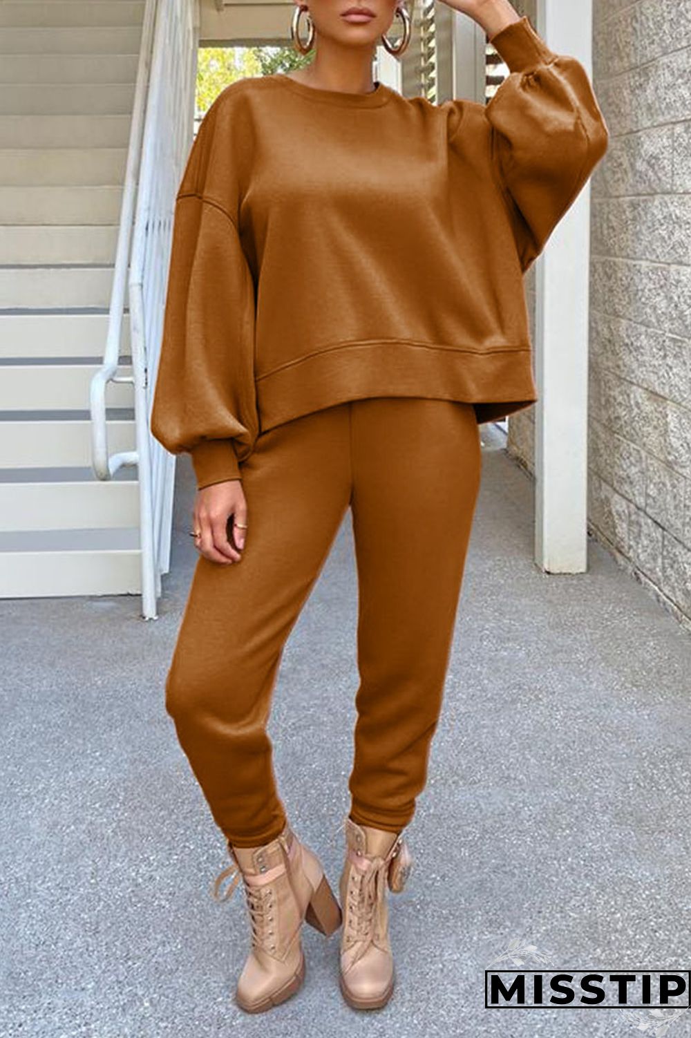 Coffee Casual Solid Patchwork O Neck Long Sleeve Two Pieces