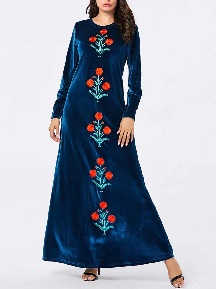 Casual velvet dress with plant embroidery