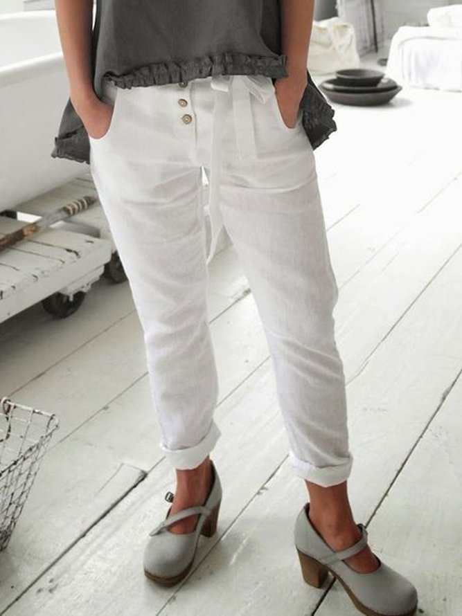 White Casual Plain Cotton Pants