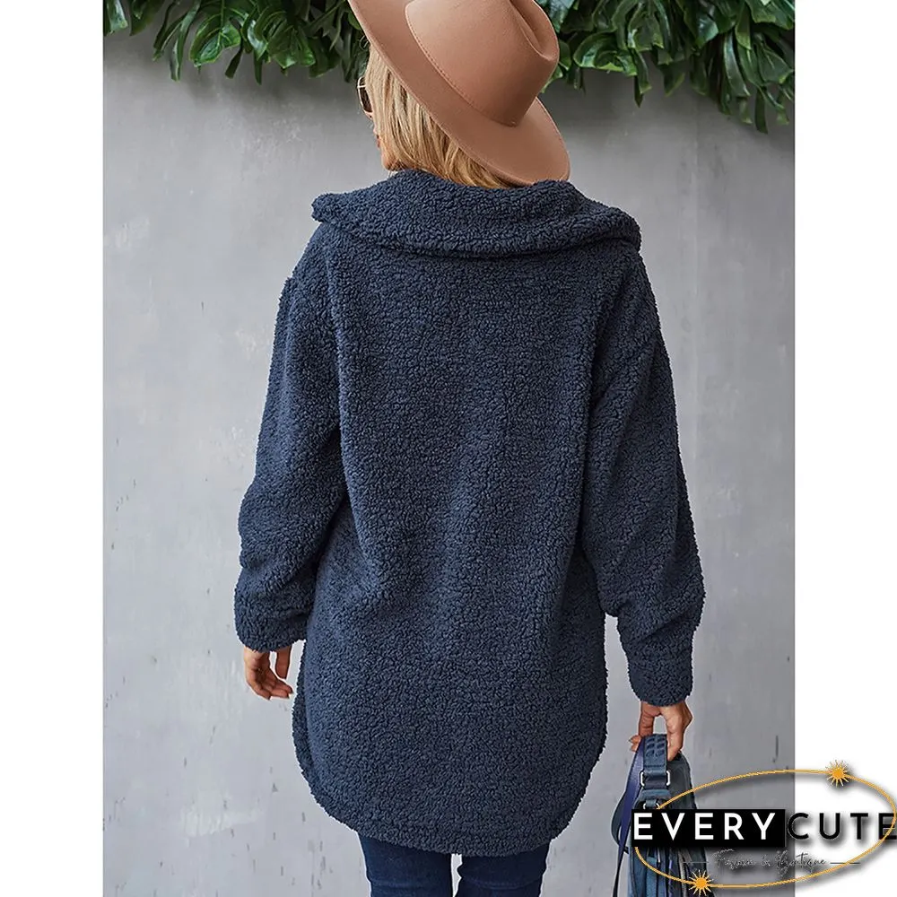 Navy Blue Double-sided Velvet Buttoned Plush Warm Coat