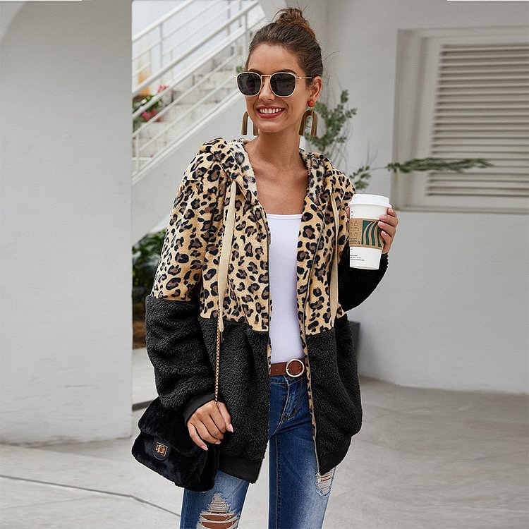 Autumn Winter Women Sweatshirt Hooded Leopard Hoodies Casual Zipper Long Sleeve Hoodie Fashion Velvet Tops Warm Coat Streetwear - BlackFridayBuys