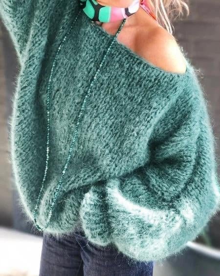 Green Solid Off Shoulder Knitted Casual Sweater