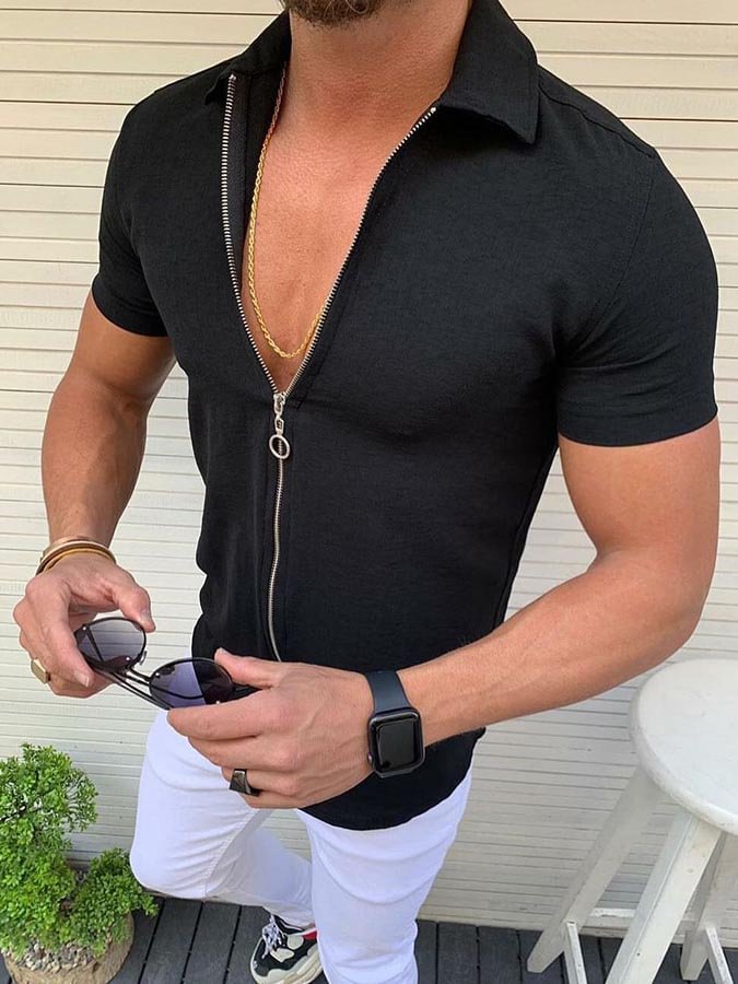 Men's Casual Zipper Black Shirt