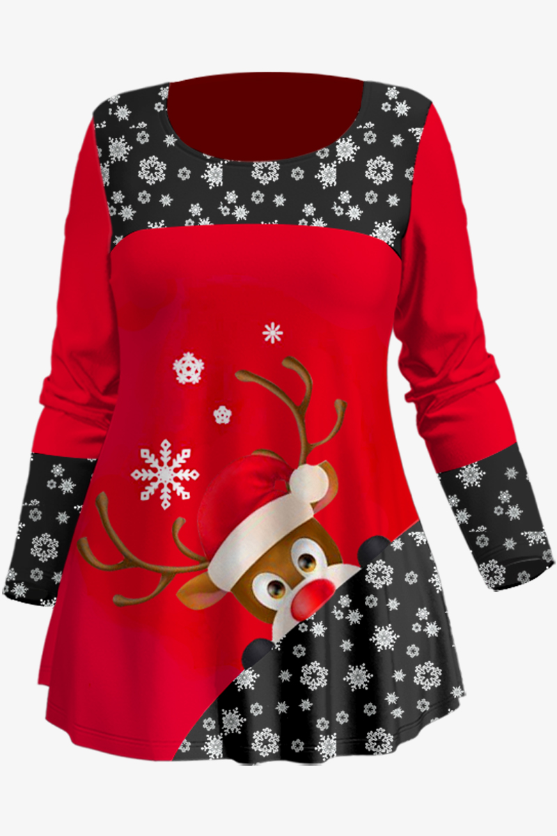 Flycurvy Plus Size Christmas Red Snowflake Deer Print T-Shirt