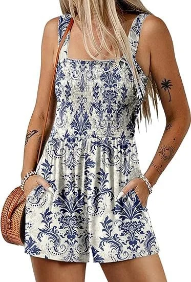 Women's Casual Sleeveless Floral Cute Romper With Pockets 