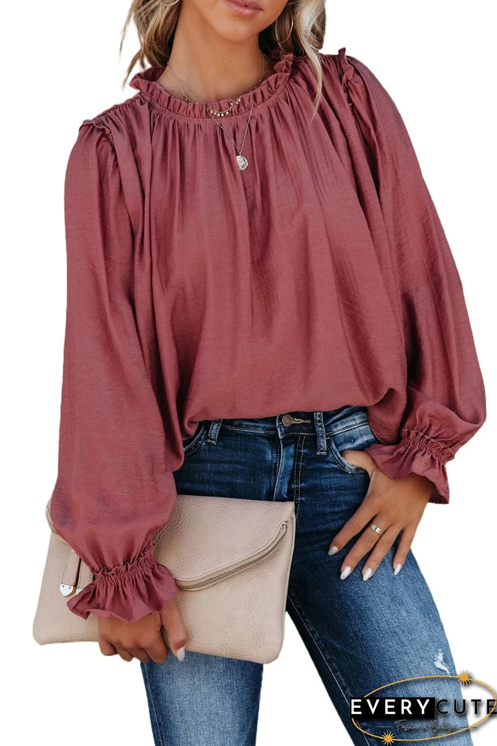 Red Frilled Neck Ruffled Long Sleeve Blouse