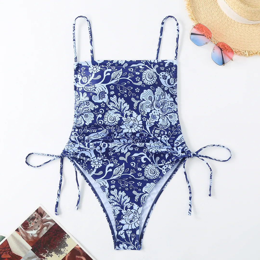 Churchf 2025 New Swimsuit Print Holiday Style Drawstring Skinny Sexy Bikini Swimsuit
