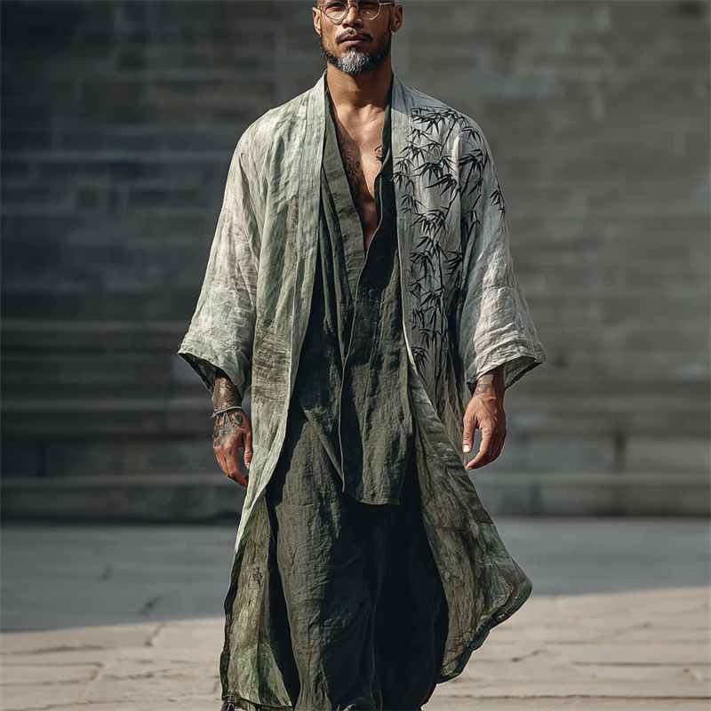 Men's Japanese Bamboo Art Flowy Linen Long Kimono  artssus