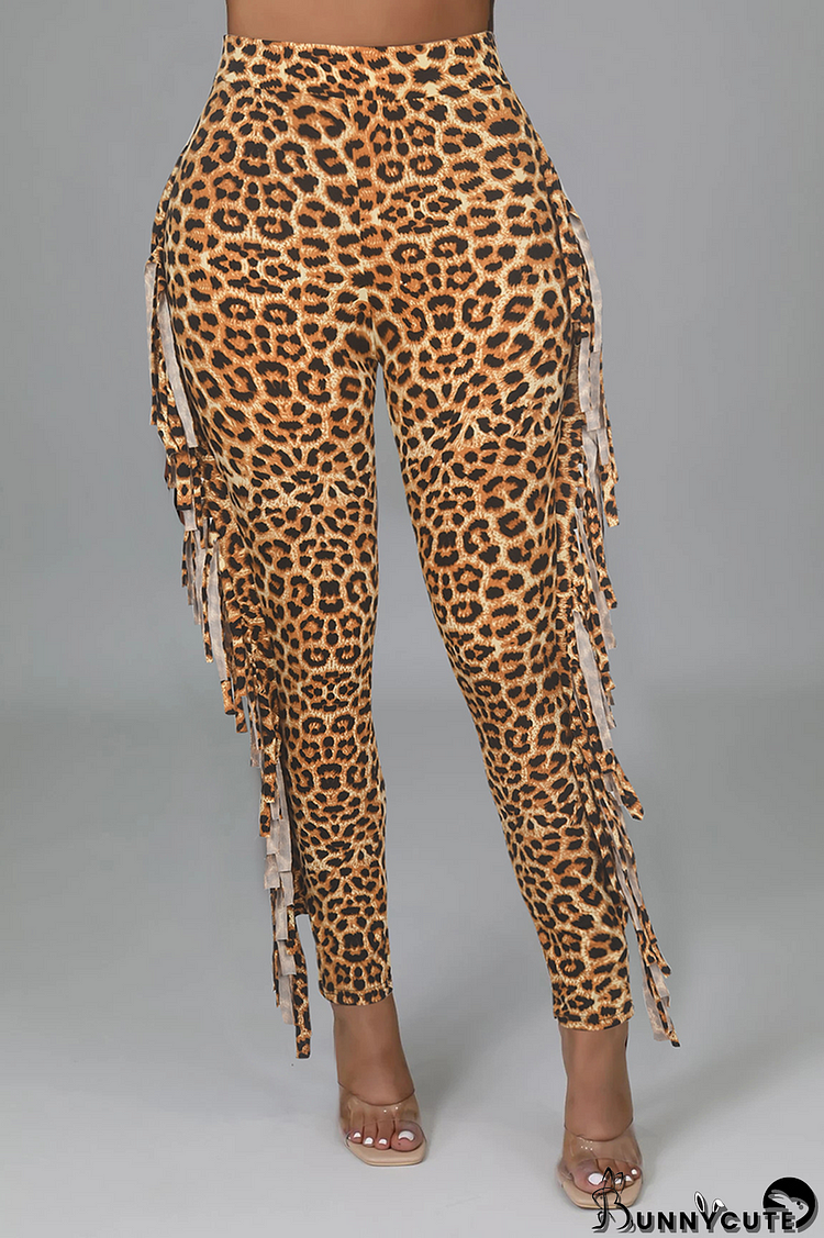 Yellow Sexy Leopard Tassel Skinny High Waist Pencil Full Print Bottoms