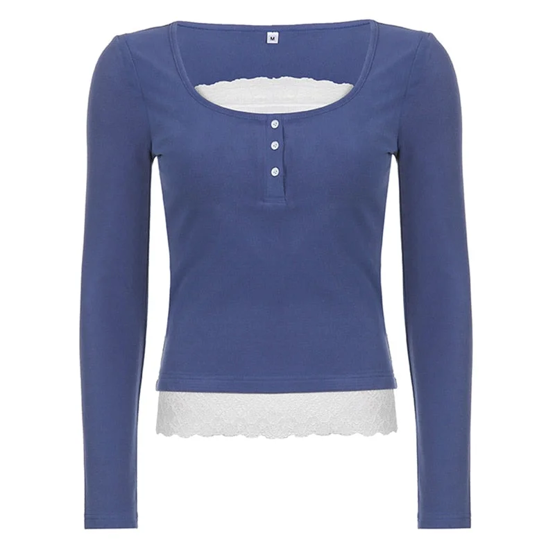 Xingqing Korean Cute Y2K Retro Cotton Tops Lace Patchwork Buttons Kawaii Tshirts Autumn Square Collar Chic Casual Shirts