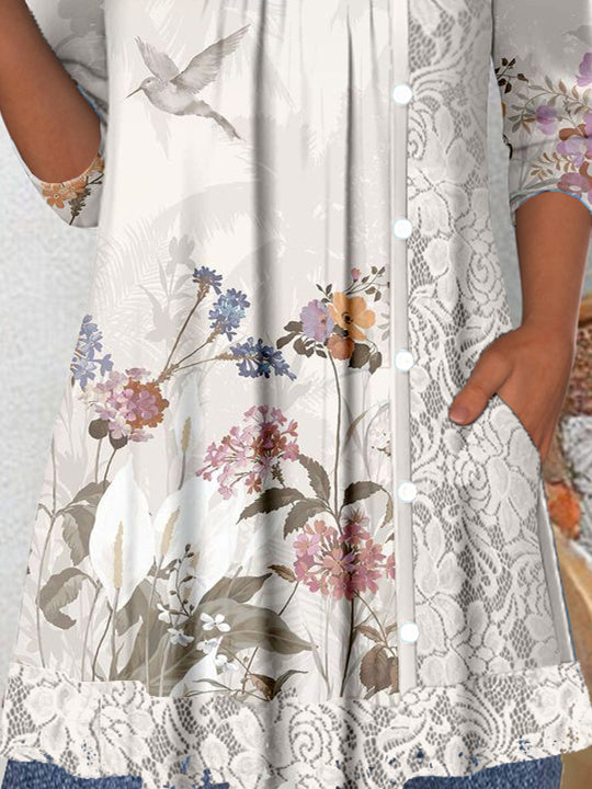 Women's Long Sleeve Scoop Neck Graphic Lace Top