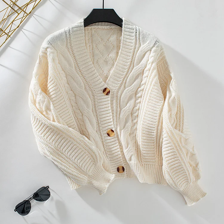 Women's Autumn Puffle Sleeve Sweater V-Neck Single Breasted Casual Knitted Sweater Cardigan