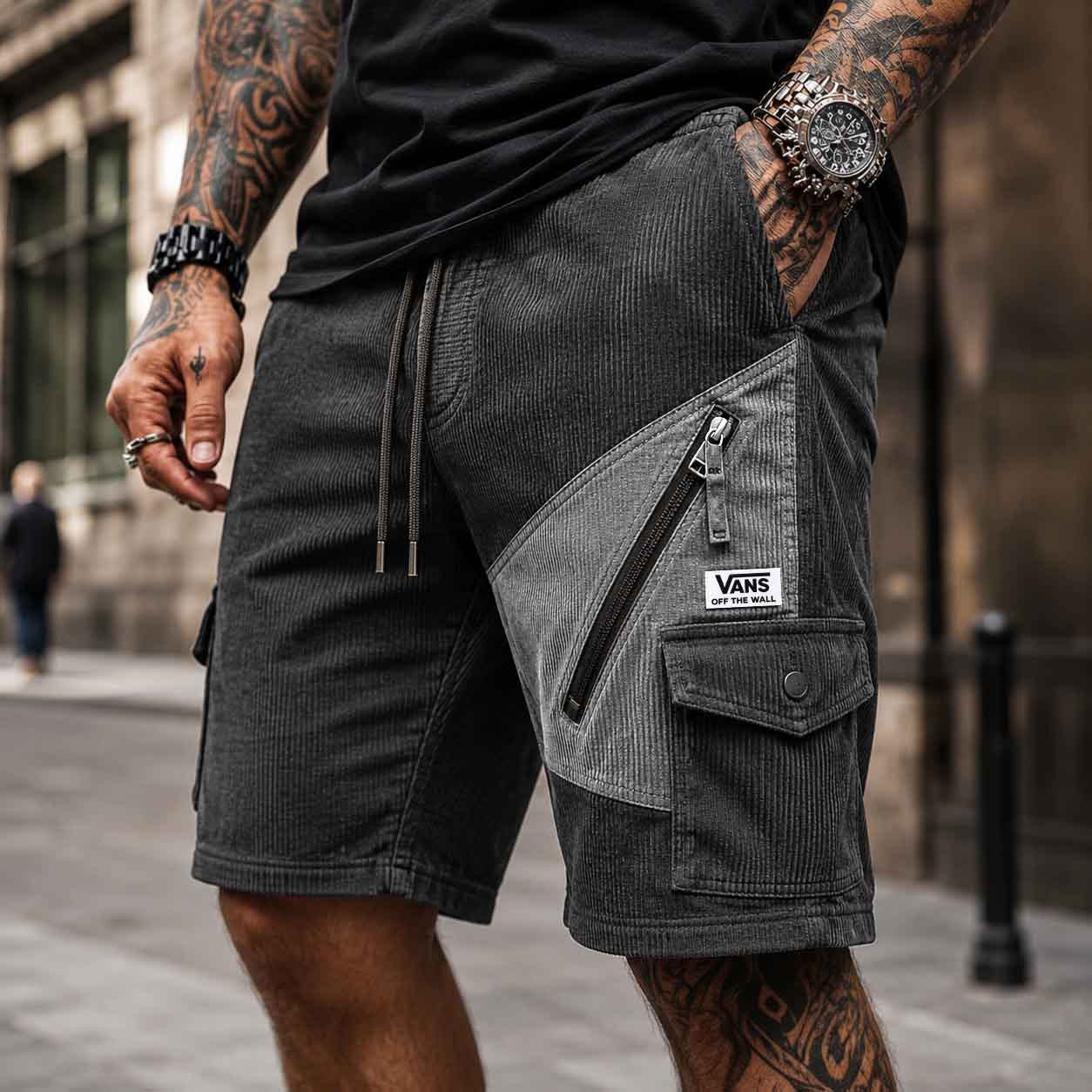 Men's Vintage Corduroy Surfing Relaxed Fit Zippered Pocket Utility Cargo Shorts