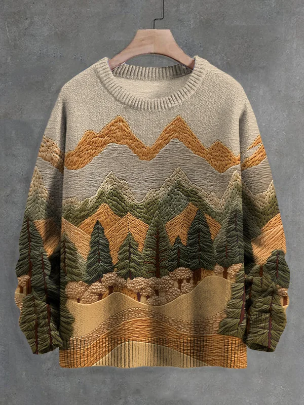 Men's Mountain Forest Embroidery Art Print Knit Sweatshirt