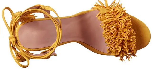 3.94" Ladies Open Toe Suede Leather Sandals Fringed Strappy Stiletto Heel Shoes-vocosishoes