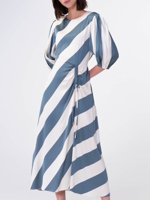 Round Collar Wide Stripe Side Waist Drawstring Loose Midi Dress