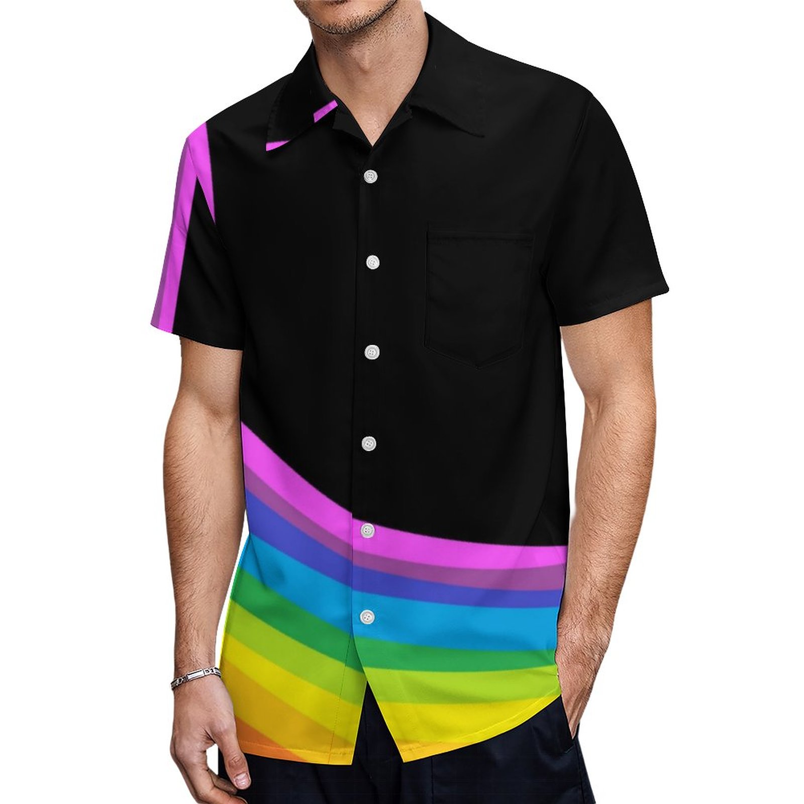 Rainbow Black And Rainbow Stretch Pants Hawaiian Shirt Mens Button Down Plus Size Tropical Hawaii Beach Shirts