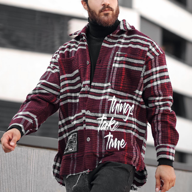 Men's Autumn And Winter Plaid Texture Fleece Jacket