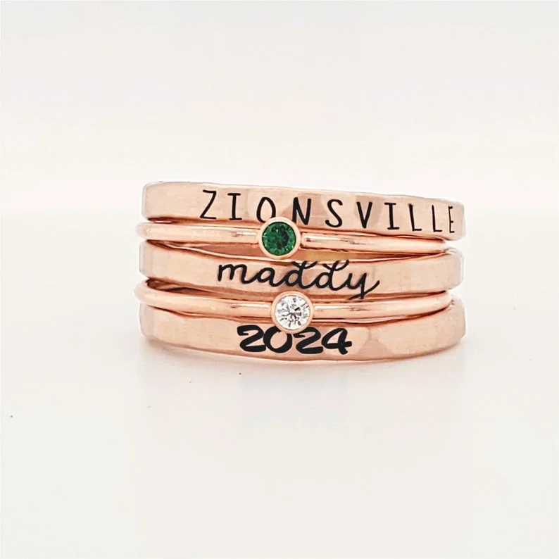 Personalized Stacked Name Ring Set of 5 Stack Rings Stackable Class Ring Set Gifts to Her, Girlfriend, Friend, Family