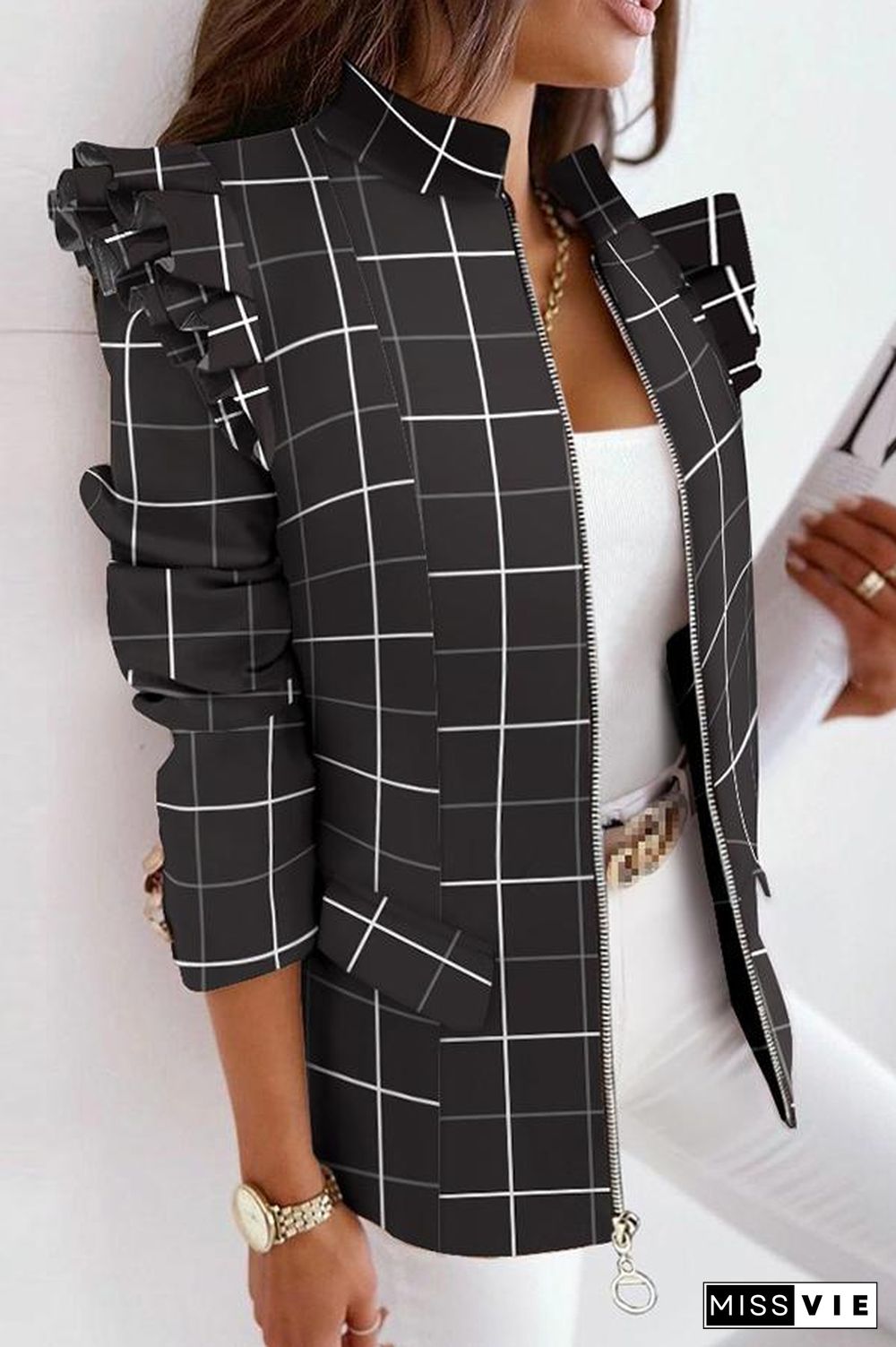 Melrose Plaid Print Ruffles Sleeve Zipper Up Coat