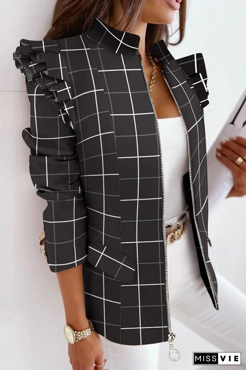 Melrose Plaid Print Ruffles Sleeve Zipper Up Coat