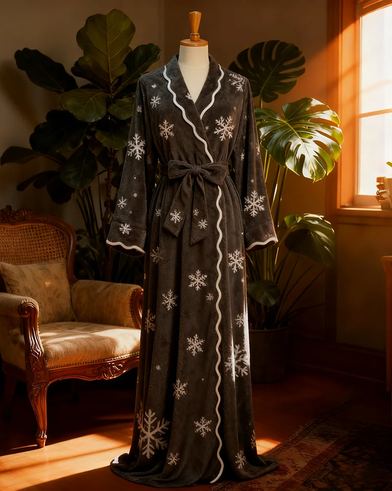 Classic Print Scalloped Trim Wrap Robe