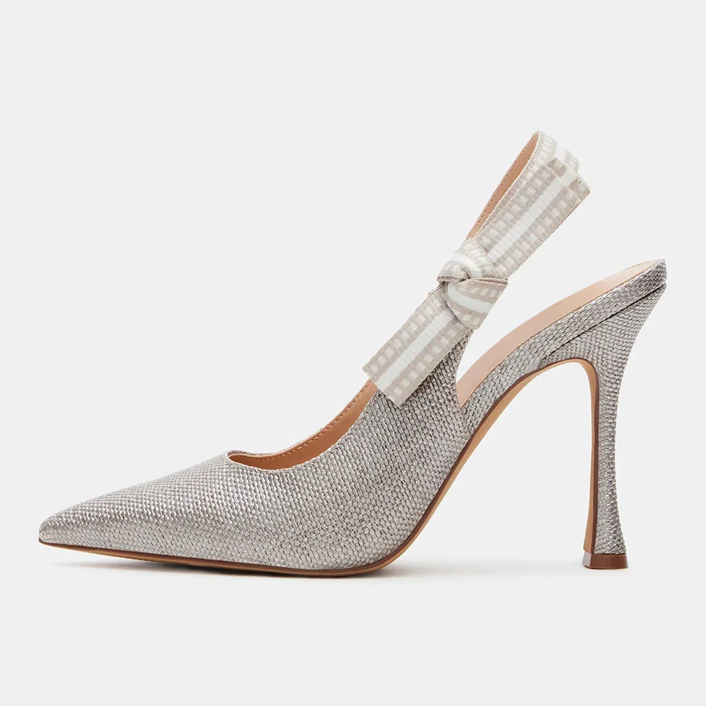 Fashion Glitter Closed Pointed Toe Bow Slingback Slip On Silver Pumps