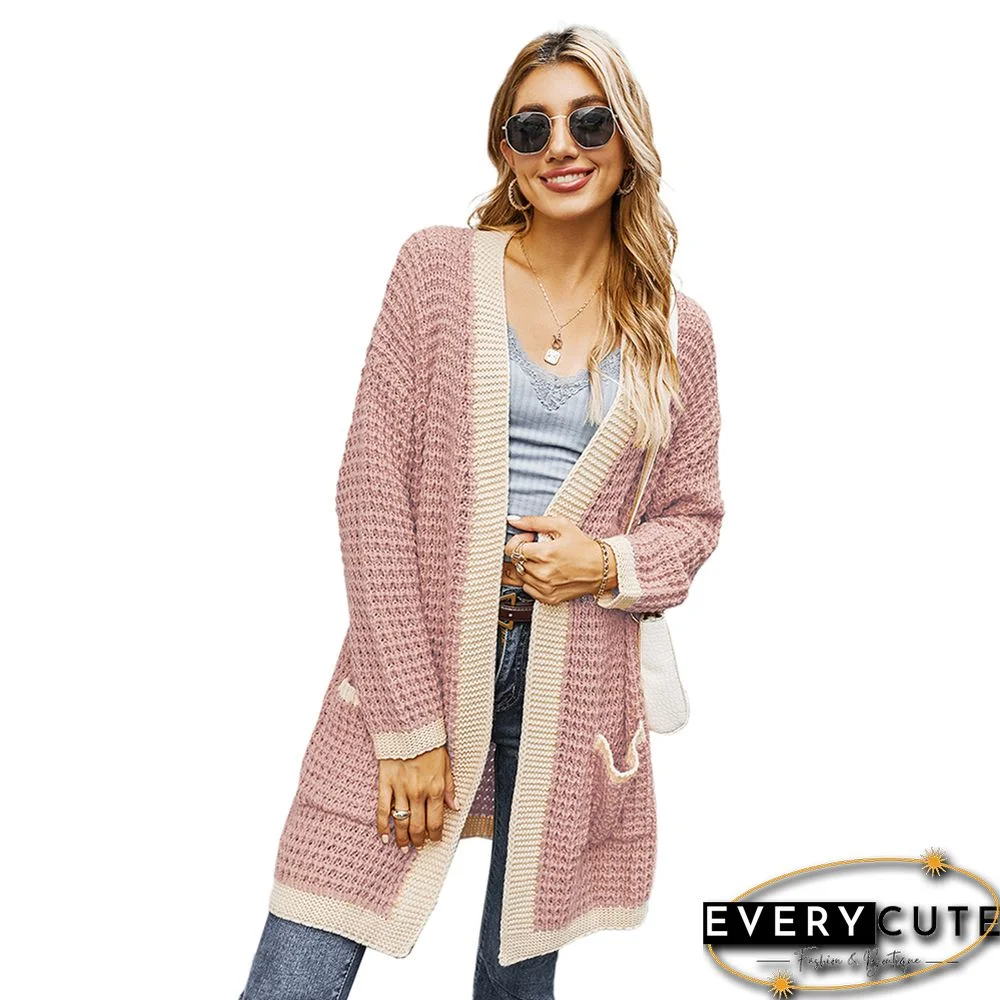 Pink Long Sleeve Pocketed Thick Cardigan