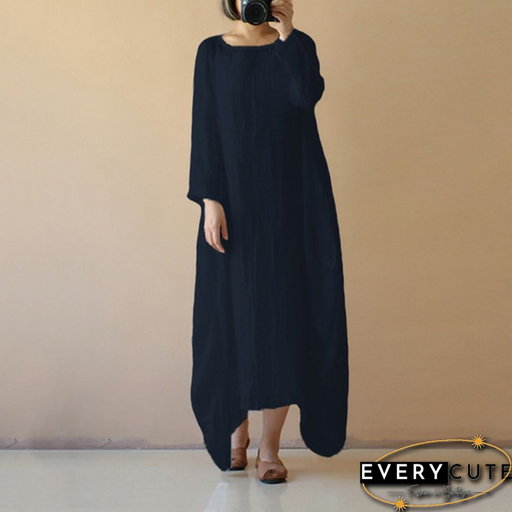 Womens Spring Light Comfy Cotton O Neck Solid Long Sleeve Long Shirt Dress Plus Size