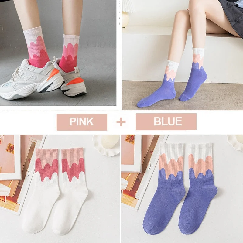 FINETOO 2Pairs/lot Women Midi Tube Socks Female Autumn Winter Candy Colors Korean Japanese Stitching Cotton Girls Graffiti Sock