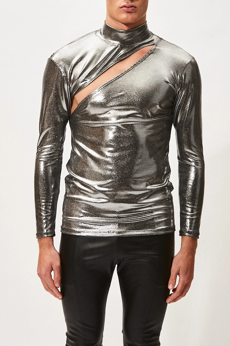 Metallic Cut Out High Neck Slim Fit Silver Top [Pre-Order]