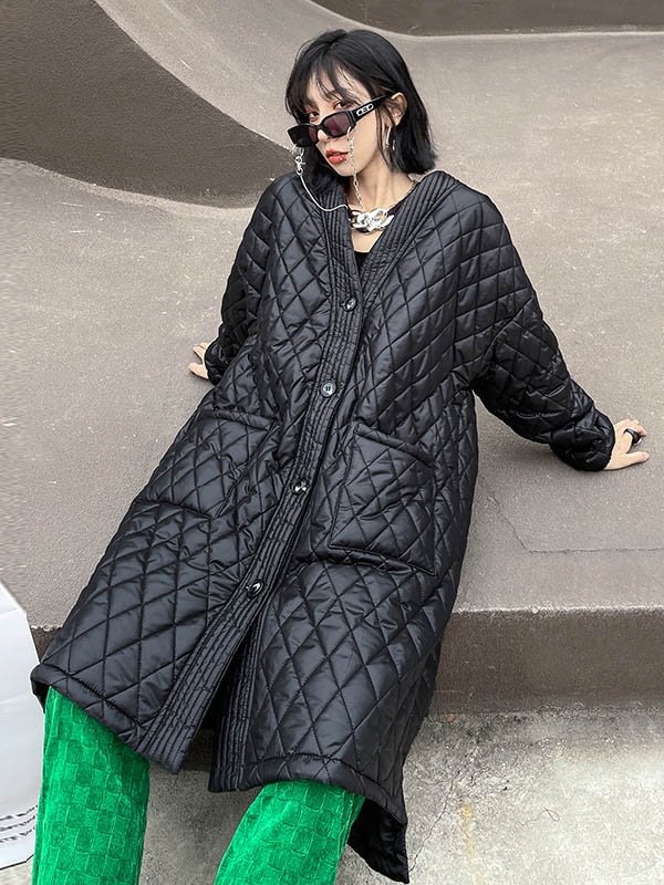 Casual Loose Split-Joint Solid Color Quilted Padded Coat