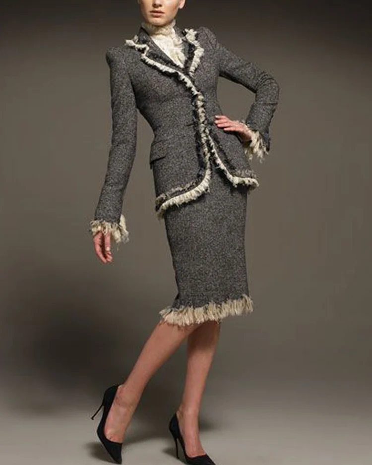 Elegant Blazer And Fringed Skirt Two-Piece Set