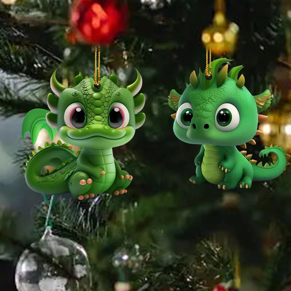 2 PCS Acrylic Cute Green Dragon 2D Flat Dinosaur Christmas Tree Car Decoration