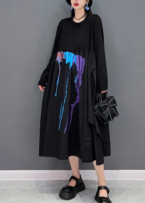 5.5Classy Black O-Neck Wrinkled Print Asymmetrical Patchwork Long Dresses Long sleeve