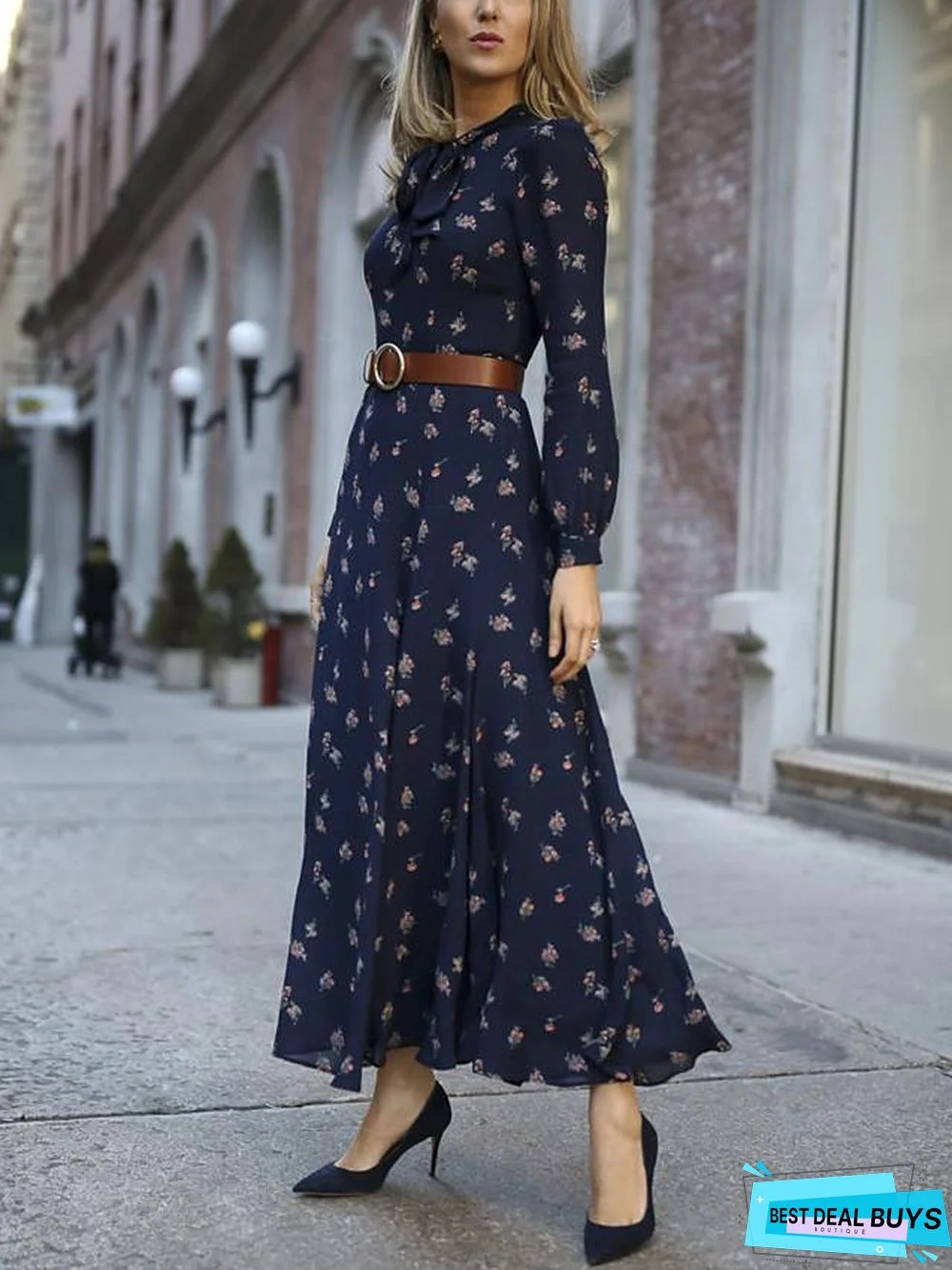 Women's Sheath Dress Maxi Long Dress - Long Sleeve Print Spring Summer Elegant Daily Blue