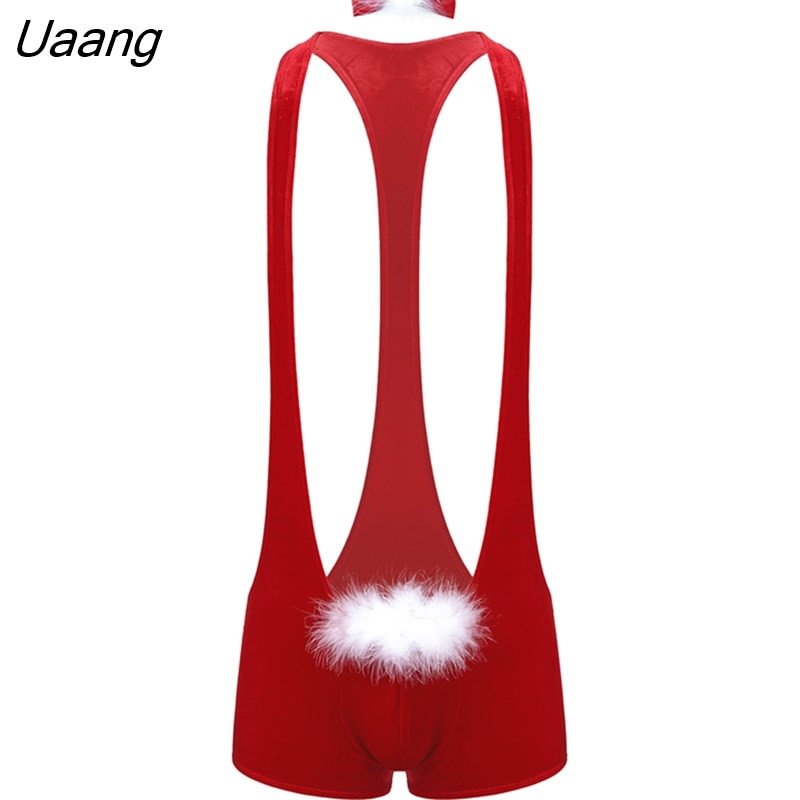 Uaang Men Red Soft Velvet Christmas Underwear Santa Cosplay Fancy Costume Singlet Sexy Mankini 7482